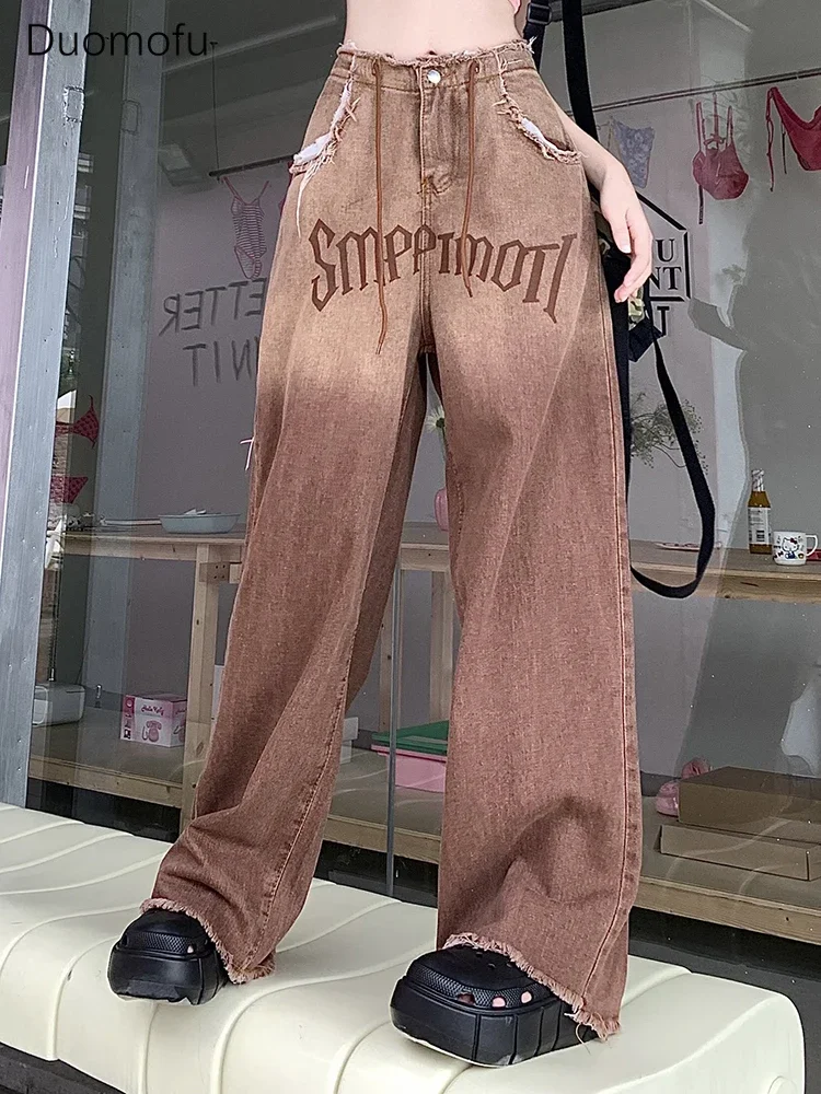 

Duomofu New Brown Gradient Chic Drawstring Loose Women Jeans Ins Summer Vintage High Waist Slim Fashion Full Length Female Jeans