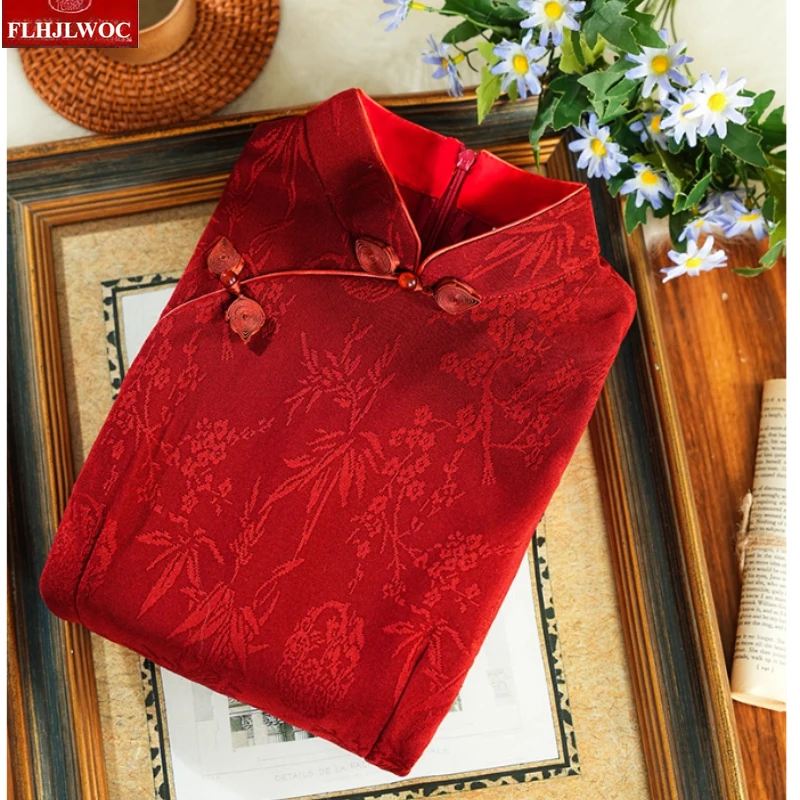 فستان أحمر عتيق أنيق للعام الجديد للنساء على الطراز الصيني فستان ضيق ضيق بياقة ثابتة فساتين قميص فيستدوس