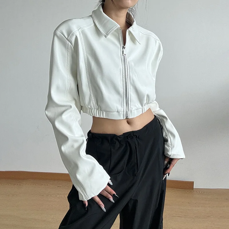 Vintage Women's Cropped Faux Leather Jacket Stand Collar Balloon Sleeve Biker Style PU Leather Coat Streetwear Fashion Outfit