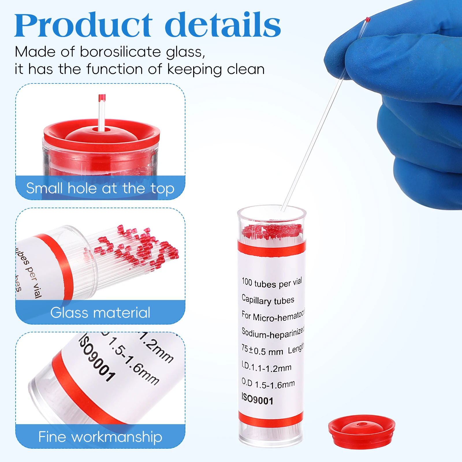 75 مللي متر أنبوب شعري زجاجي أنبوب الهيماتوكريت الصغير عينة أنبوب ذوبان للاستخدام في مختبر مستشفى العيادة