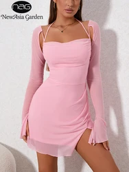 NewAsia-Vestido corto de malla de manga larga para Mujer, minivestido Sexy de color rosa liso con Espalda descubierta, traje de fiesta y Club para vacaciones de verano