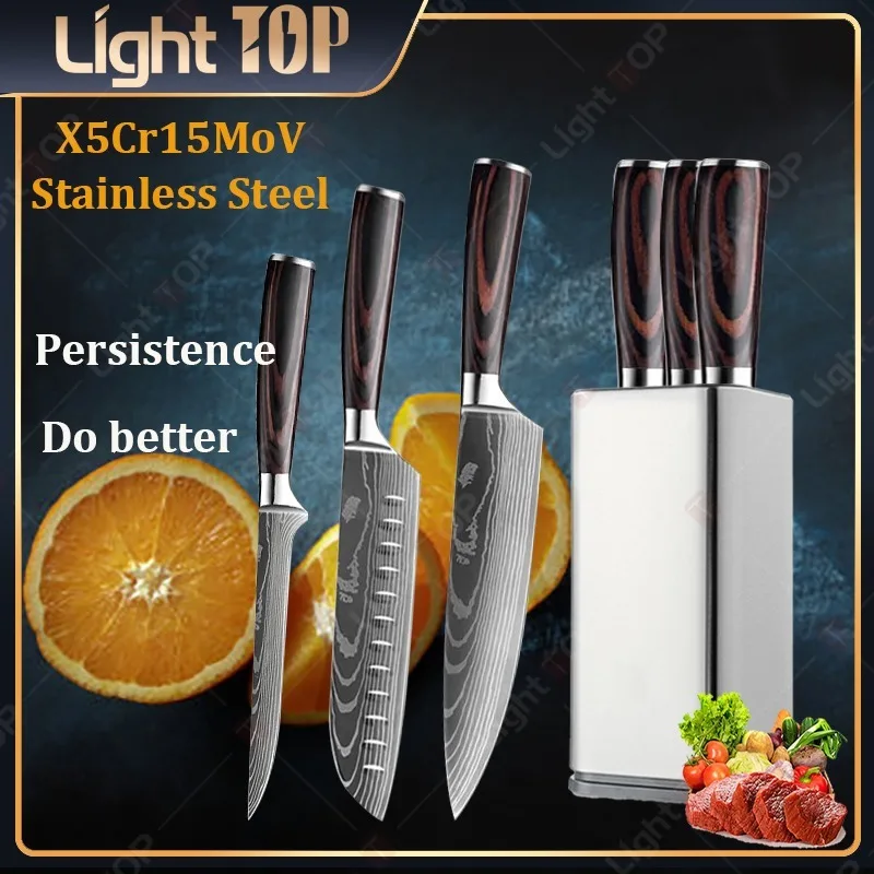 

4Pcs Kitchen Knives Damascus Pattern Boning Knife Chef Knife Professional Santoku Knife Cooking Tools Holder for Kitchen