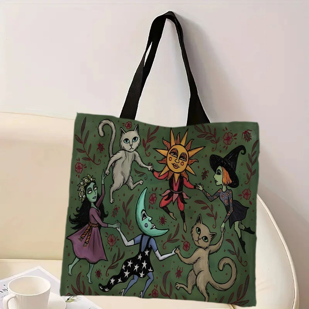 Sac à bandoulière de nuit de forêt enchantée, Design de chat et de lune de sorcière fantaisiste sur vert foncé, fourre-tout pour femmes, sac de shopping, sac à main de plage6.11