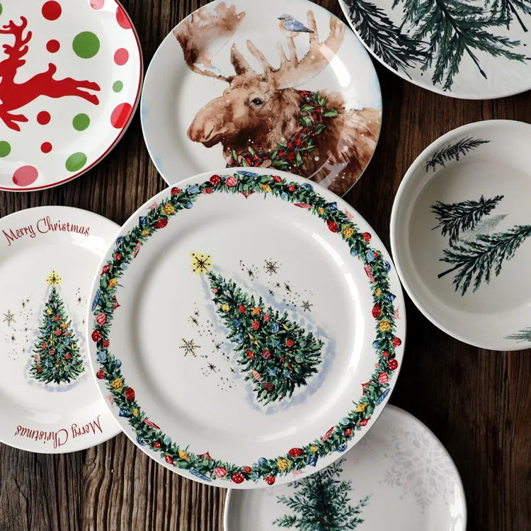 

Ceramic Tableware Large and Small Plate Flat Plate Deep Plate Elk Christmas Tree Pattern Tableware