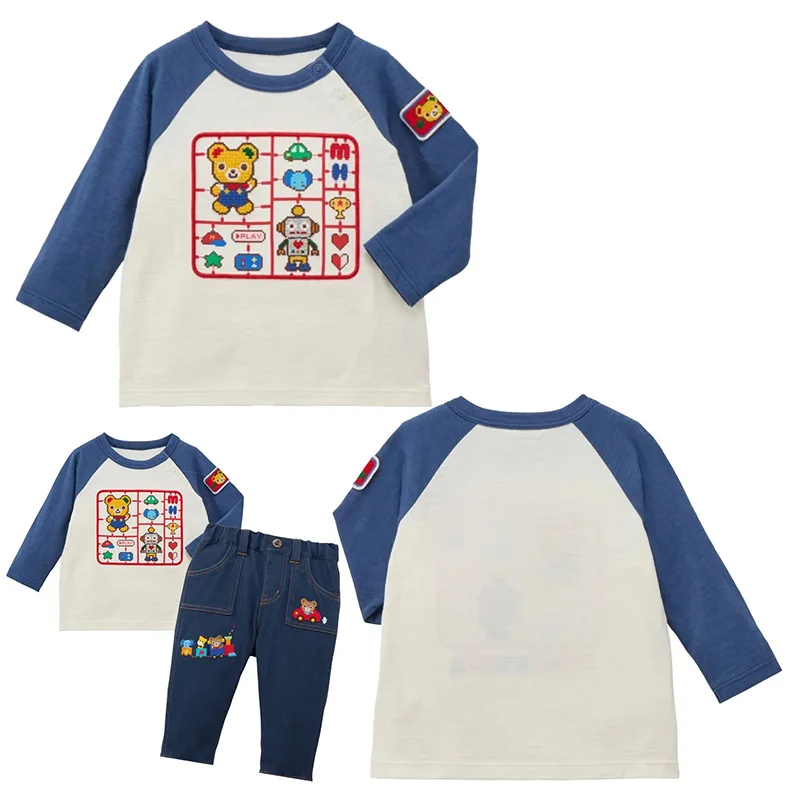 Korean Cartoon Kids Autumn Top Mosaic Bear Robot Long Sleeve T-Shirt for Baby Boys Girls Cute  Casual Undershirt 80-130