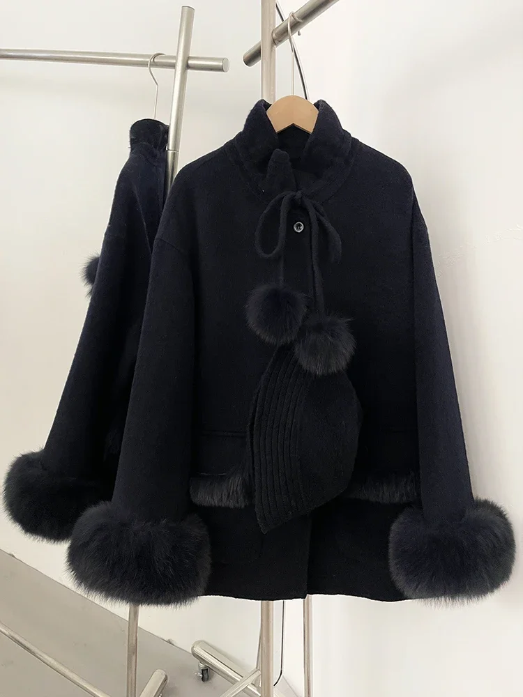 신상 여성 루즈핏 리얼 폭스 퍼 100% 울 코트 모자 포함 천연 모피 캐시미어 울 재킷 여성 가을 겨울 상의