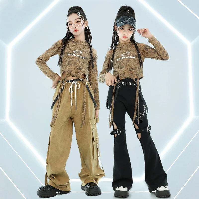 Traje de baile de Jazz para niños, Tops con capucha para niñas, pantalones Cargo de color caqui, traje de actuación de Hip Hop, trajes de escenario de pasarela de concierto Kpop BL14180