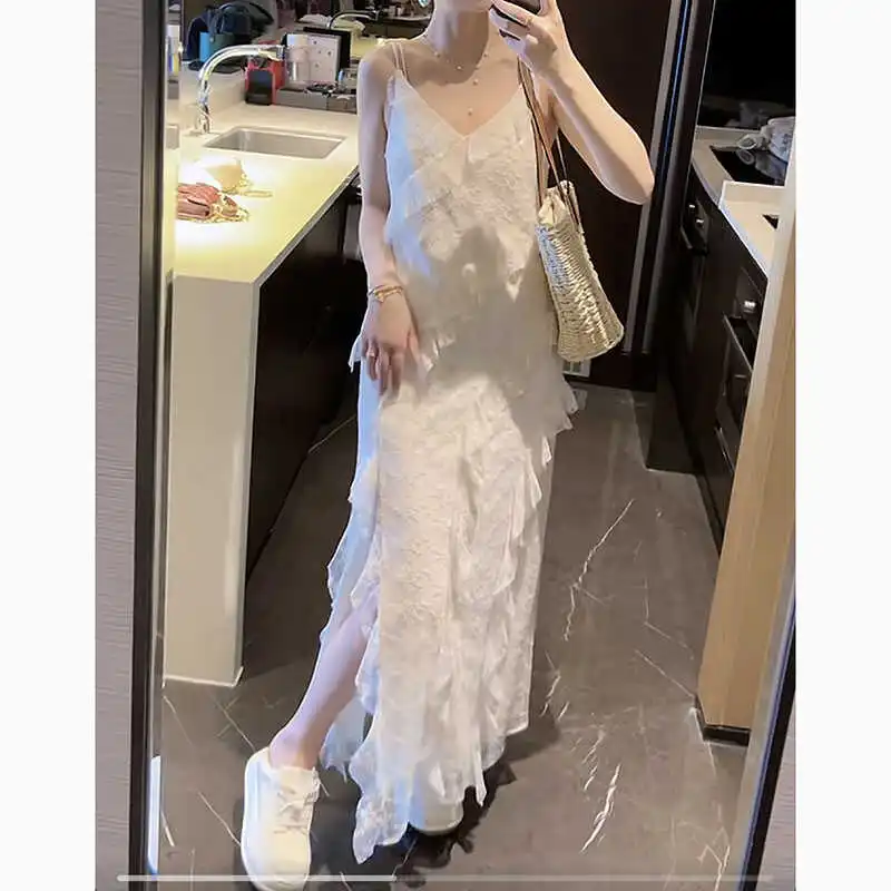 

Ele White Lace Svel Dr Women's Summer Lightweight High Waist A-Line Skirt Sle V-Ne Zipper Closure Fairy T...