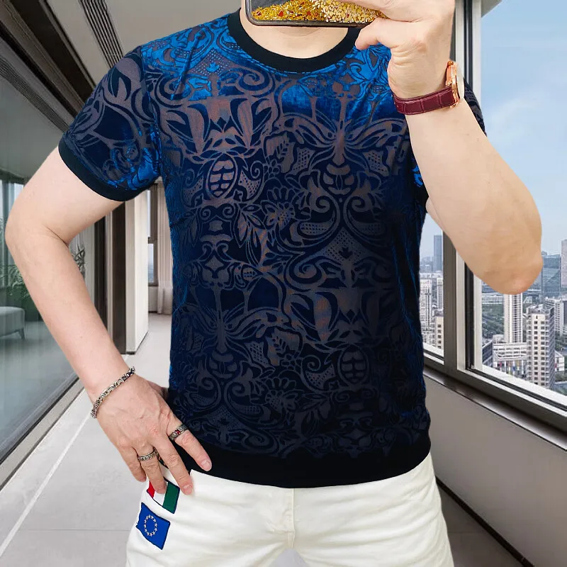 À la mode été Sexy maille évidé T-shirt hommes à manches courtes flocage Perspective t-shirts décontracté Social Streetwear hommes vêtements