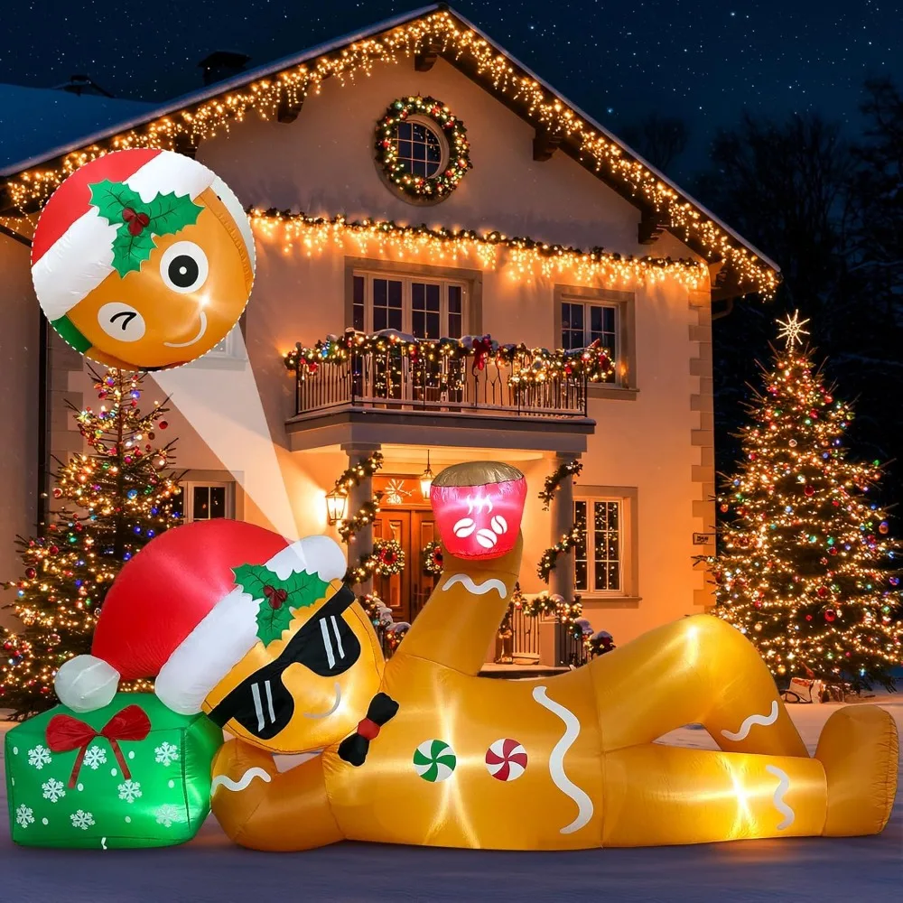 

10 FT Christmas Inflatable Outdoor Decoration, Lying Gingerbread Inflatable Christmas Blow Up Yard Decorations with LED