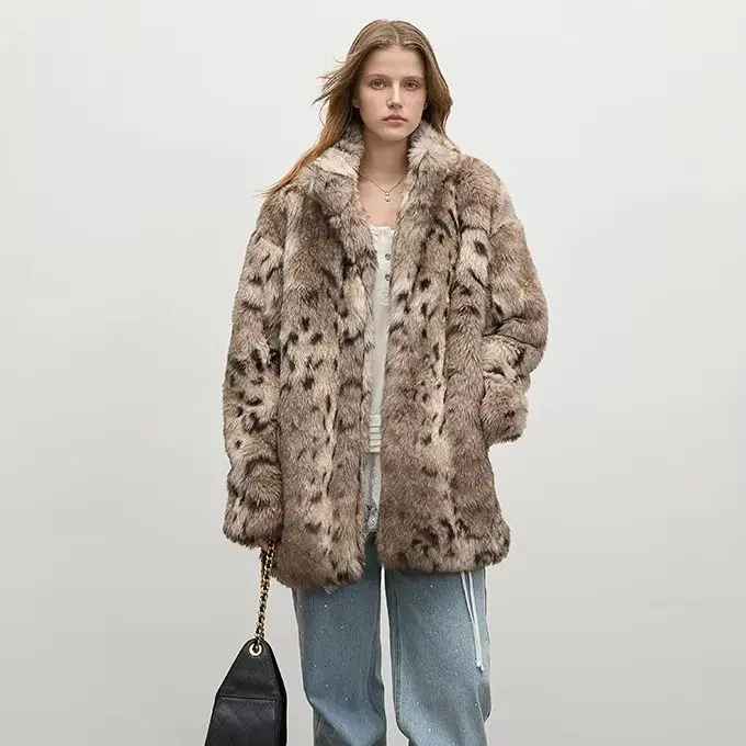 IG Women Lynx Spotted Faux Fur High Stand Collar Mid-Length Oversized Coat, Long Sleeve Winter Street Commuter Outerwear