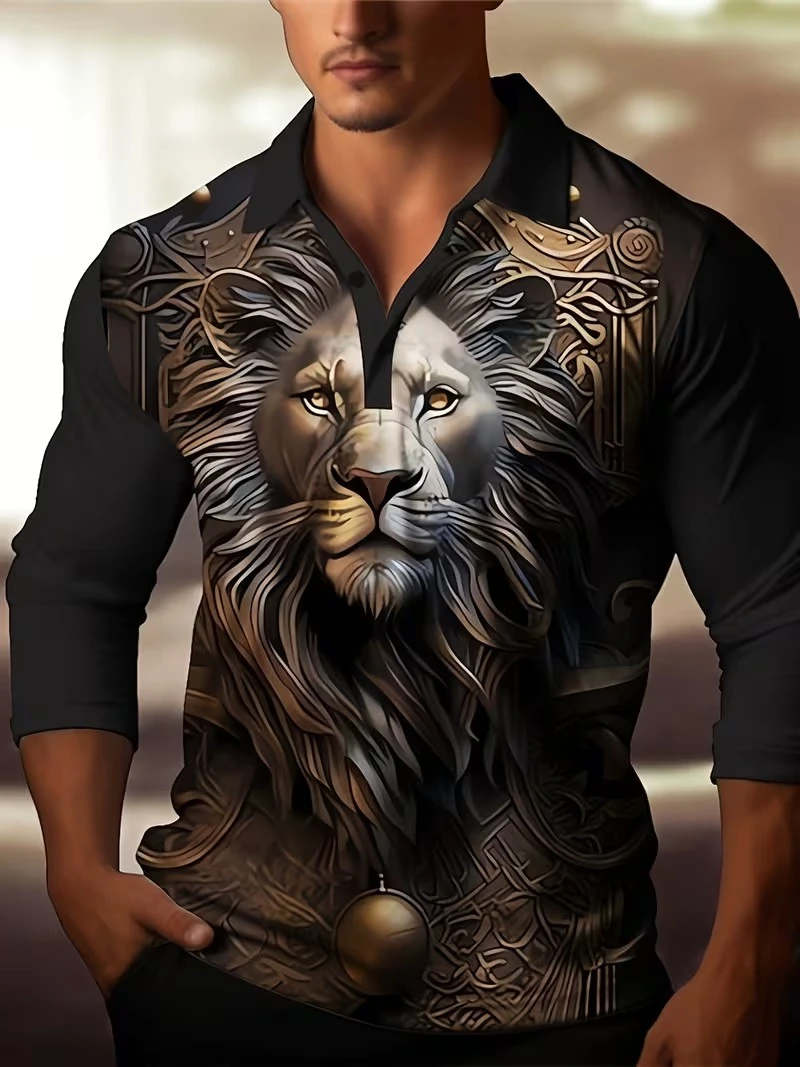 Camisetas Polo con Gráfico de León para Hombre, Estilo Moderno 2026, Impresión 3D, Manga Larga, Cuello Camisero, Camisetas de Moda para Hombre, Estilo Urbano