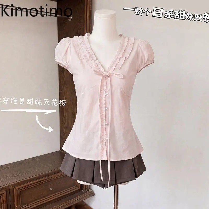 Kimotimo Y2k Aesthetic Pink Ruffle Blouse Women Sweet V-neck Puff Sleeve Tie Up Shirt Summer Preppy Style Slim Fit Button Tops