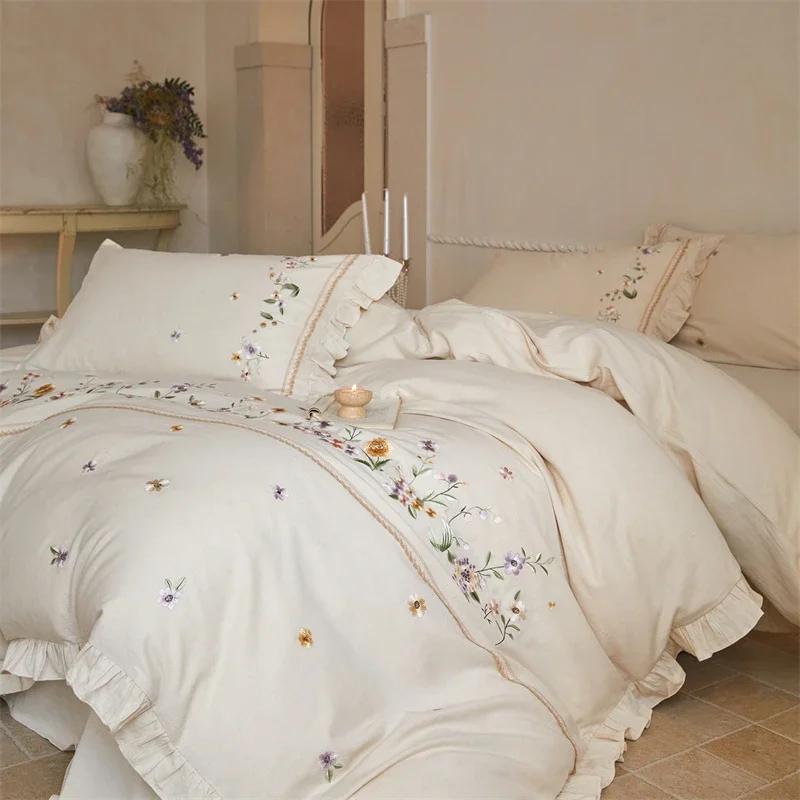 Cotton Linen Blend Bedding Set Floral Embroidery Ruffle Lace Duvet Cover Set Pillowcases Vintage French Country Style Bed Linen