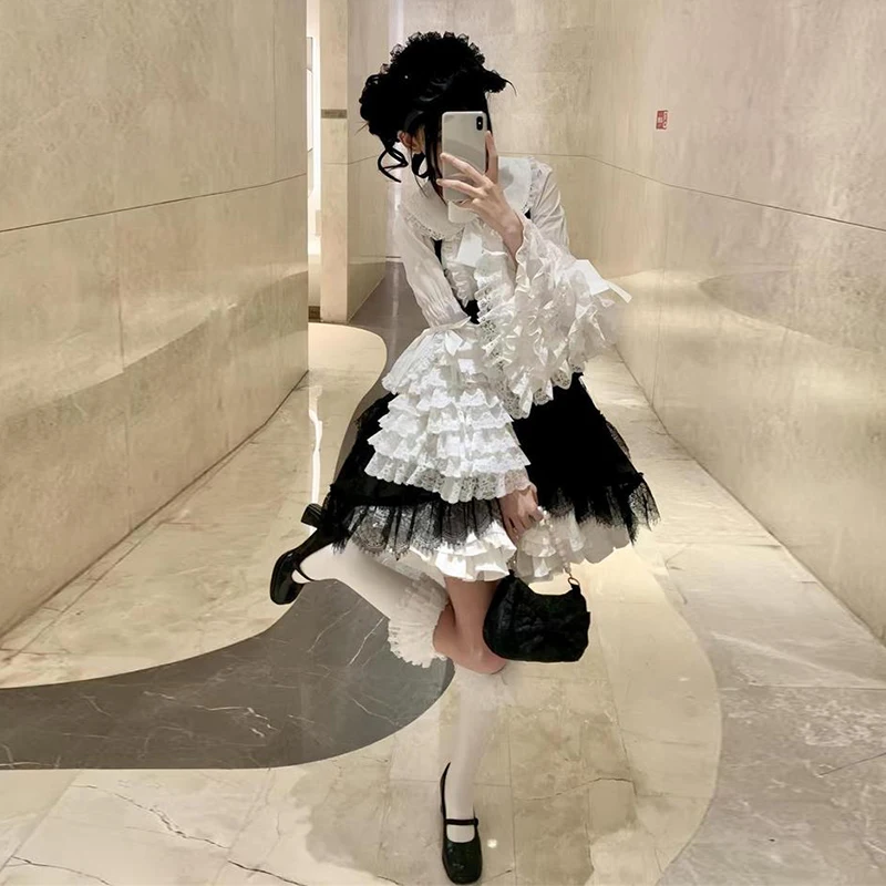 Lolita Blouse Dames Peter Pan Kraag Oversized Flare Mouw Zoete Shirts Tops Kant Strik Ruches Wit JK Uniform Shirts Gothic