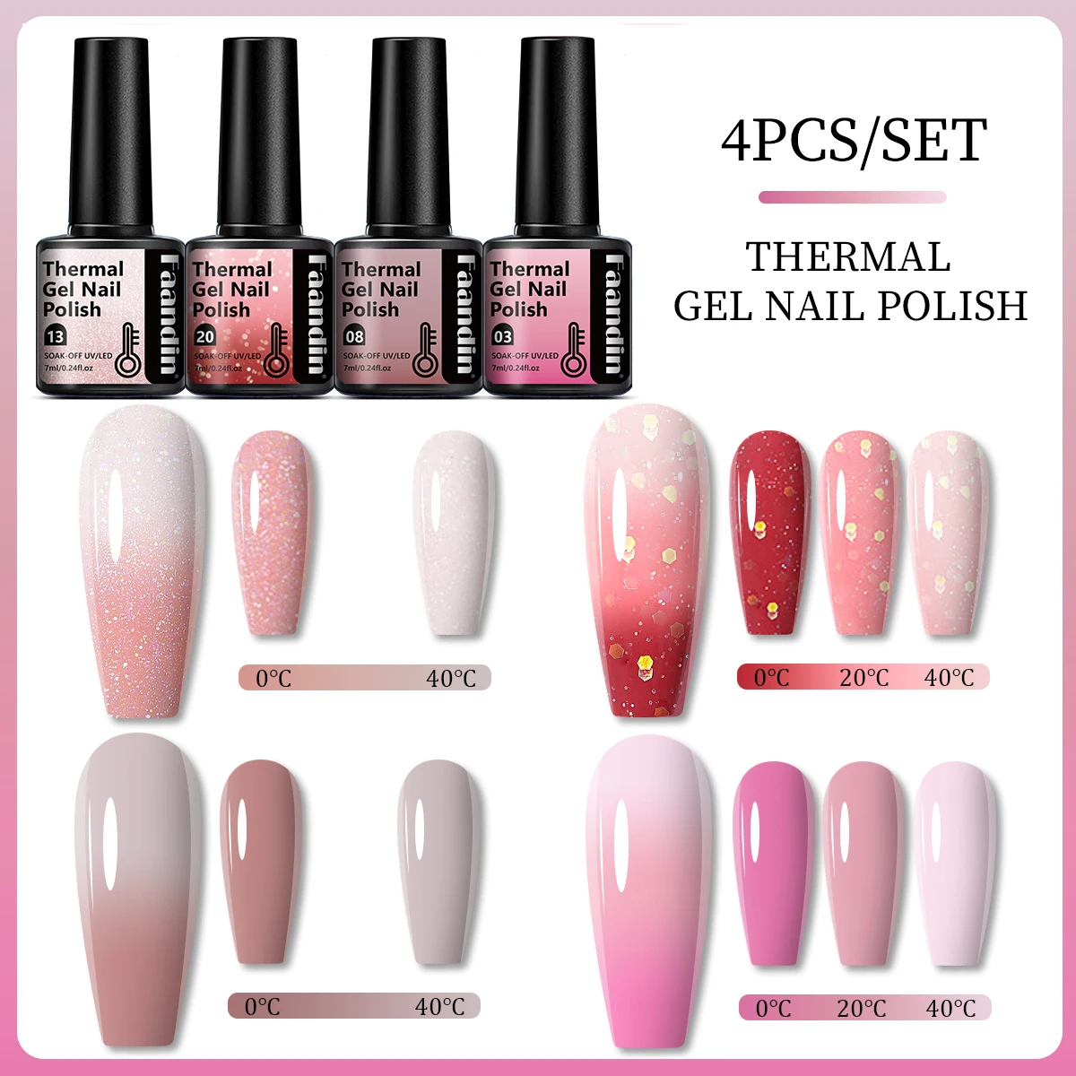 Faandin 4 قطع/مجموعة 7 مل * 4 قطع، تأثير الطلاء السميك أفضل عند تغيير درجة الحرارة، عصرية وملونة، مجموعة طلاء أظافر جل متغيرة درجة الحرارة، هدية مثالية، جل طلاء أظافر قوي ويزيلها، سهل الاستخدام، صالونات الأظافر، منتج أساسي لصالونات الأظافر #3