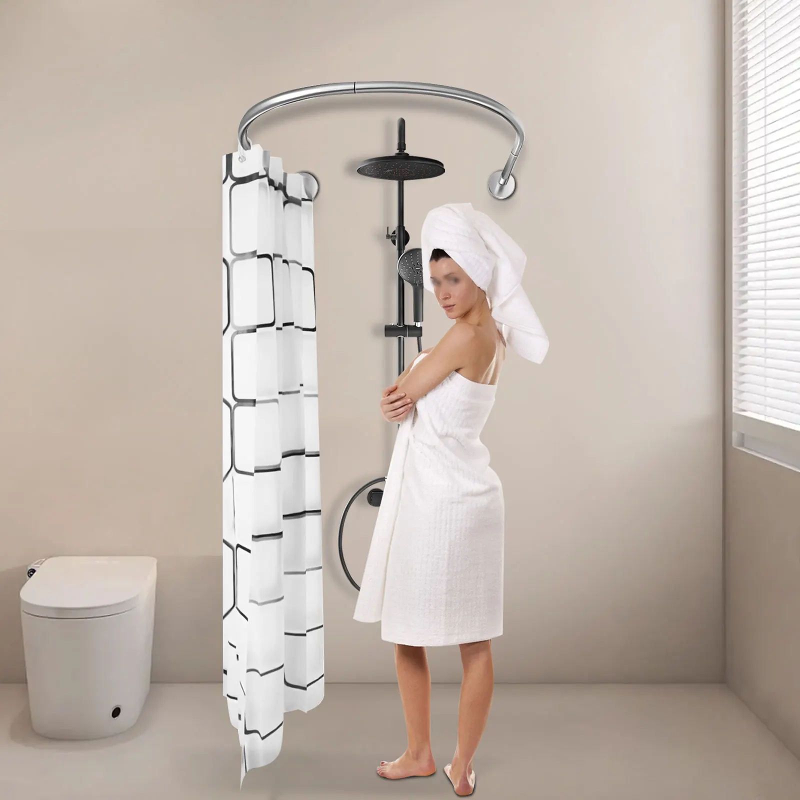 

0.9-1.3m Adjustable Stainless Steel Shower Curtain Rod with Polyester 2.4m*1.8m Curtain for Bathrooms Toilets Dressing Rooms