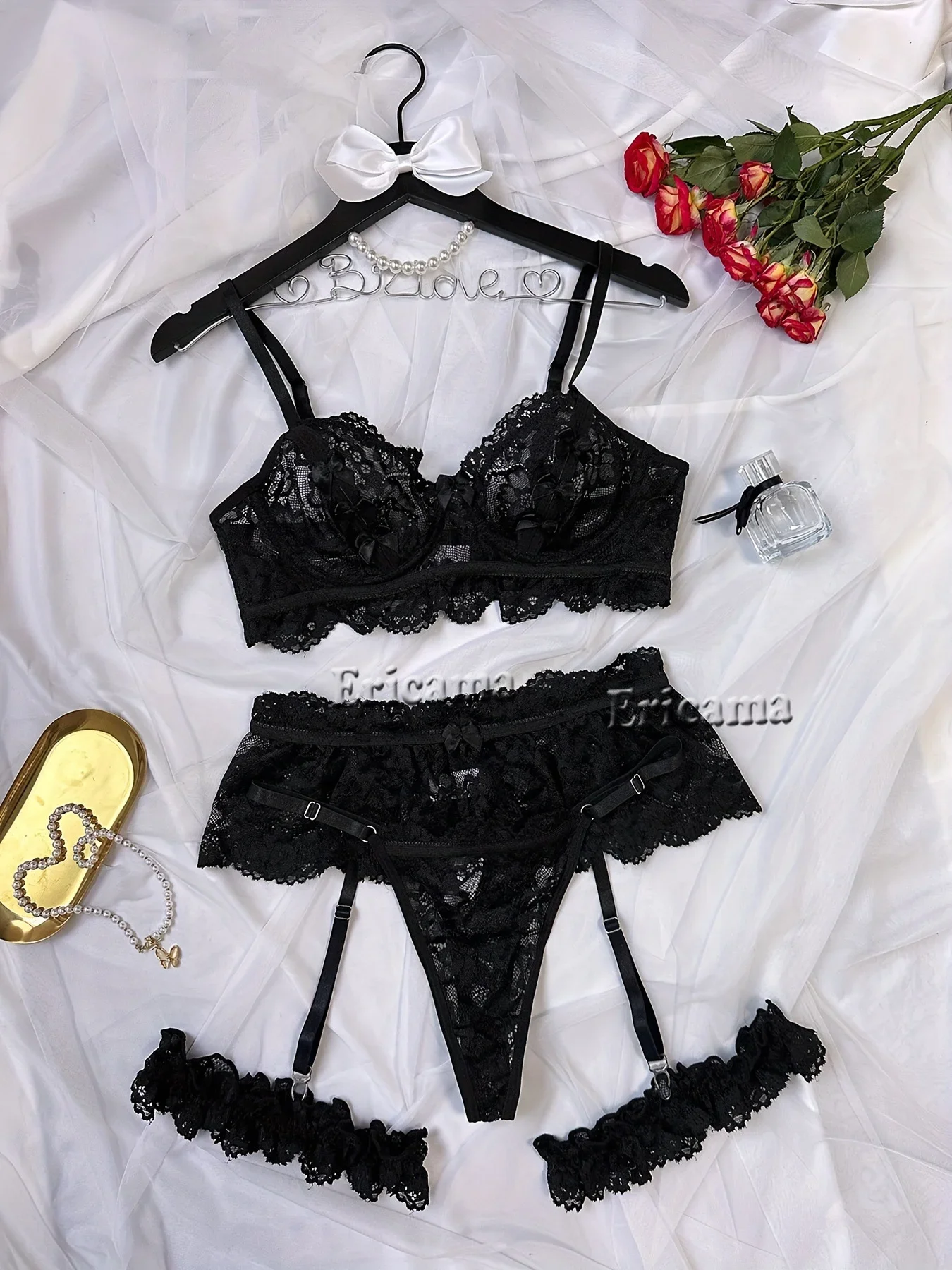 Erotic Lace Sexy Bra Set Garter Lingerie Set With Choker Women Intimates 2024 Underwire Bra And Thongs Ladies Underwear Set