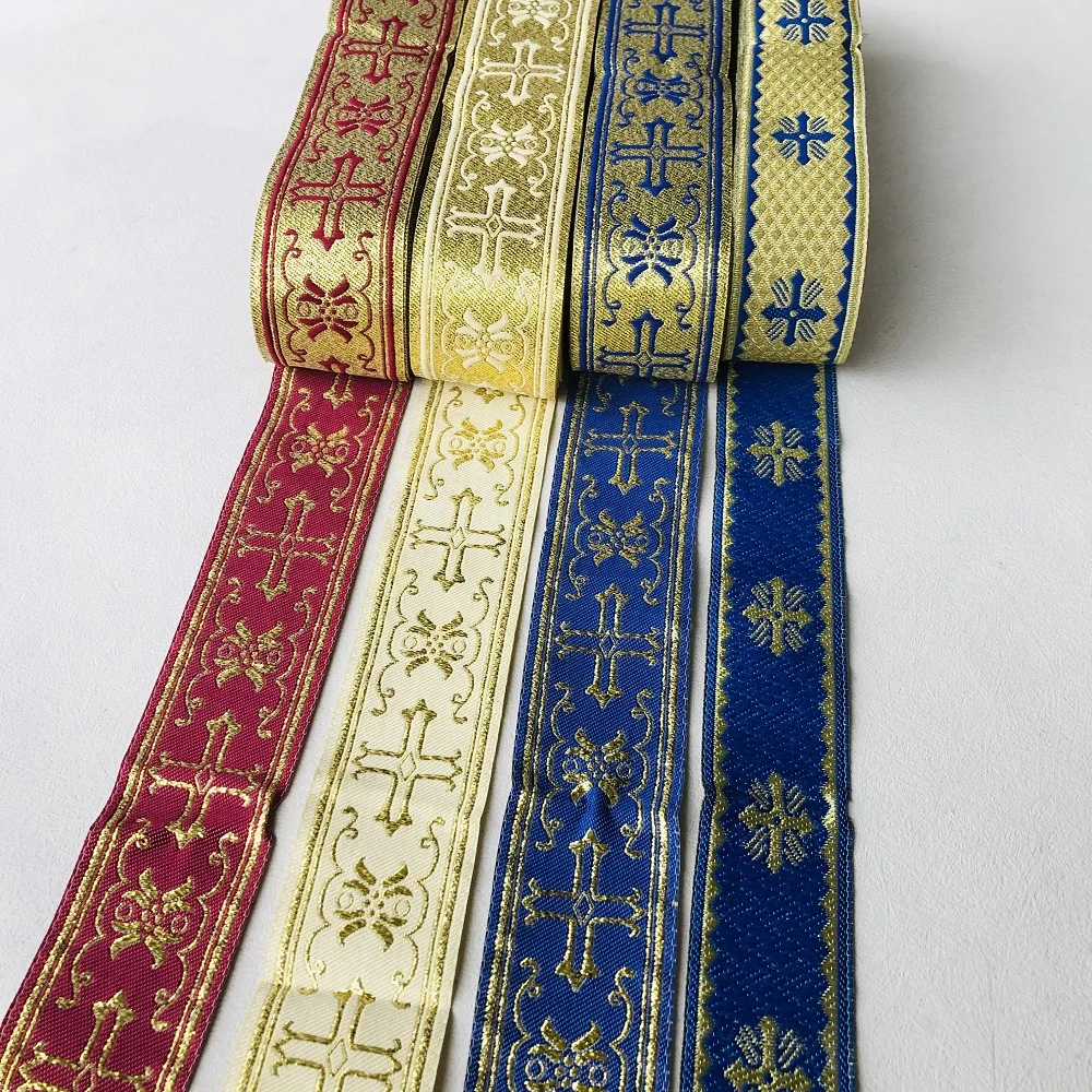 10yards/Lot Wide about 3.4-4cm Woven Jacquard Ribbon Cross Gold For Curtain and Clothing Accessory LS-0153