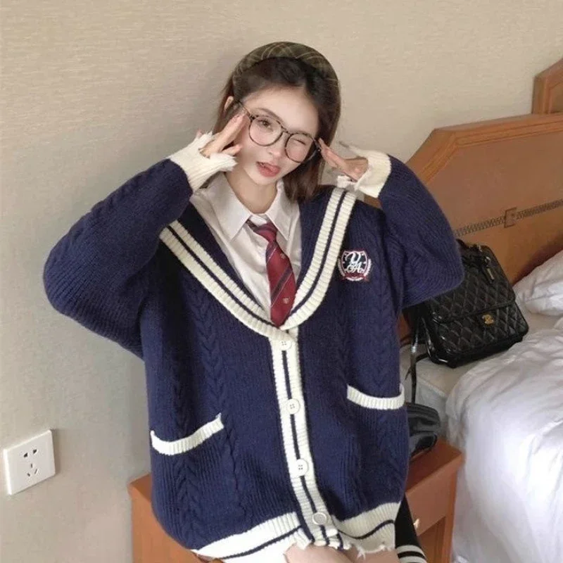 Preppy Style Sweater Cardigan Women Students Autumn and Winter New Design Hole Loose Navy Collar Knitted Tops Female