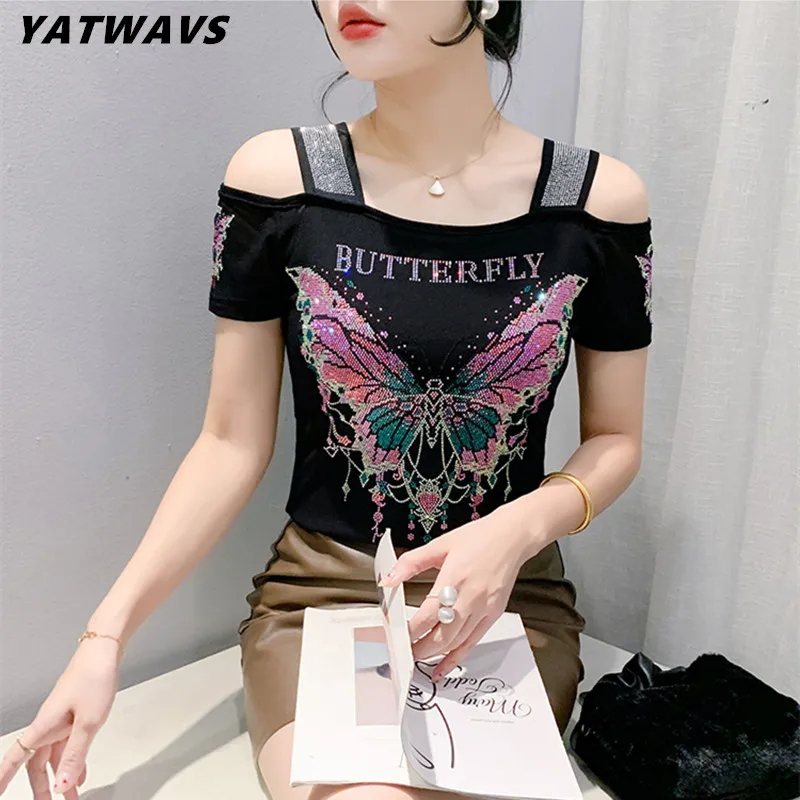 New Streetwear Girl Butterfly Letter Design T-Shirt Clothes Sexy Off Shoulder Shiny Diamonds Women Chic Mesh Tops Tees Shirts