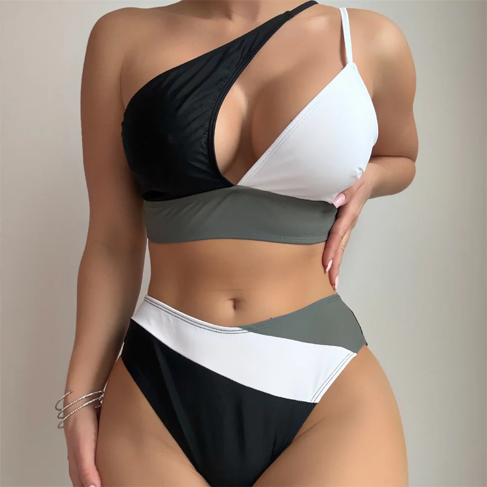 One-shoulder Sling Bikini Irregular Patchwork Cut Out Swimsuit High Waist Vacation Swimwears Women Y2K Beach Outfit Bathing Suit