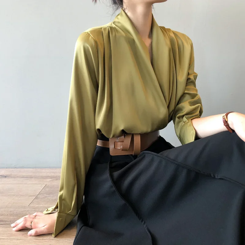 

Women Satin V-neck Shirts Loose Spring OL French Tops Pullover Pleated Shirt Temperament Elegant Drape Long-sleeved Blouses Lady