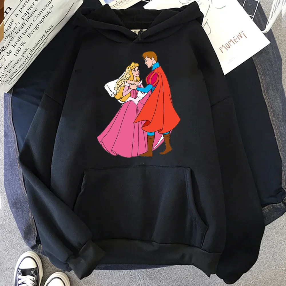 Kawaii Women Black Hoodies Disney Princess Alice Cartoon Print Harajuku Autumn New High Street Casual Pullovers Sweatshirts Tops