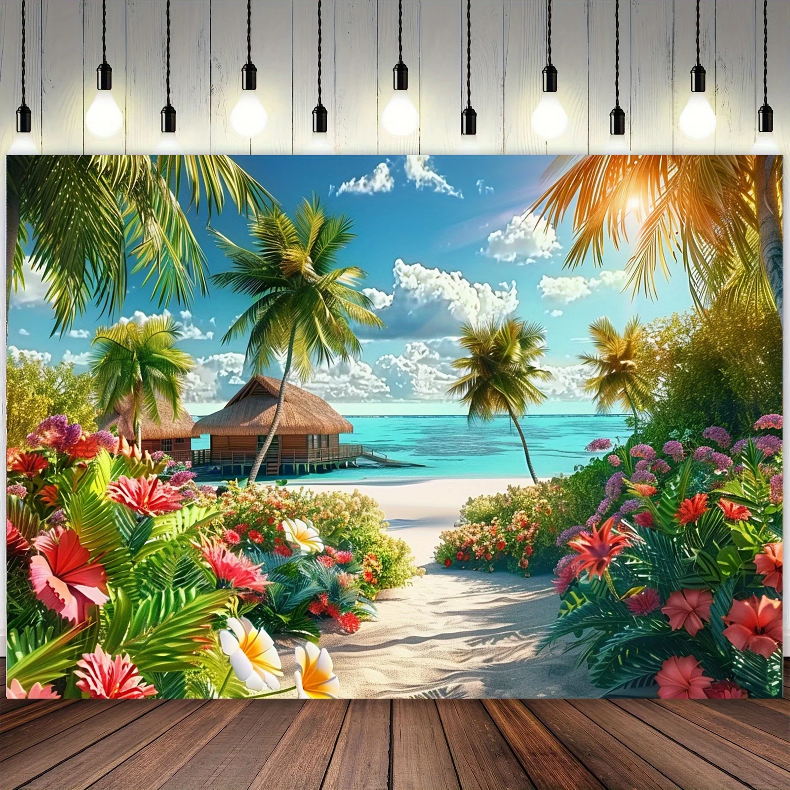 Tela de fondo de poliéster para escena de playa de Paradiso Tropical, palmeras vibrantes, aguas turquesas y diseños florales, 1 ud.