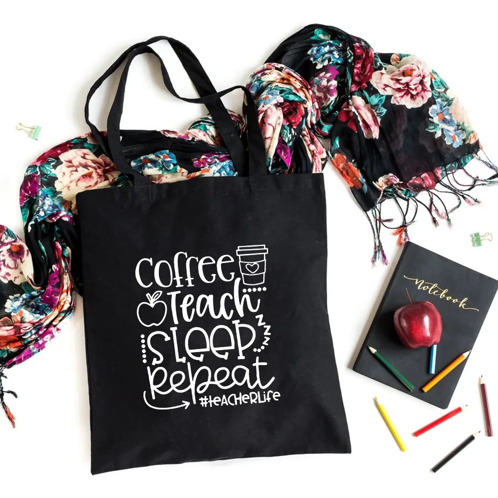 

Teacher Themed Canvas Tote Bag With Inspirational Text Coffee Apple Design Stylish Vibrant Shoulder Bag For Work School Shopping