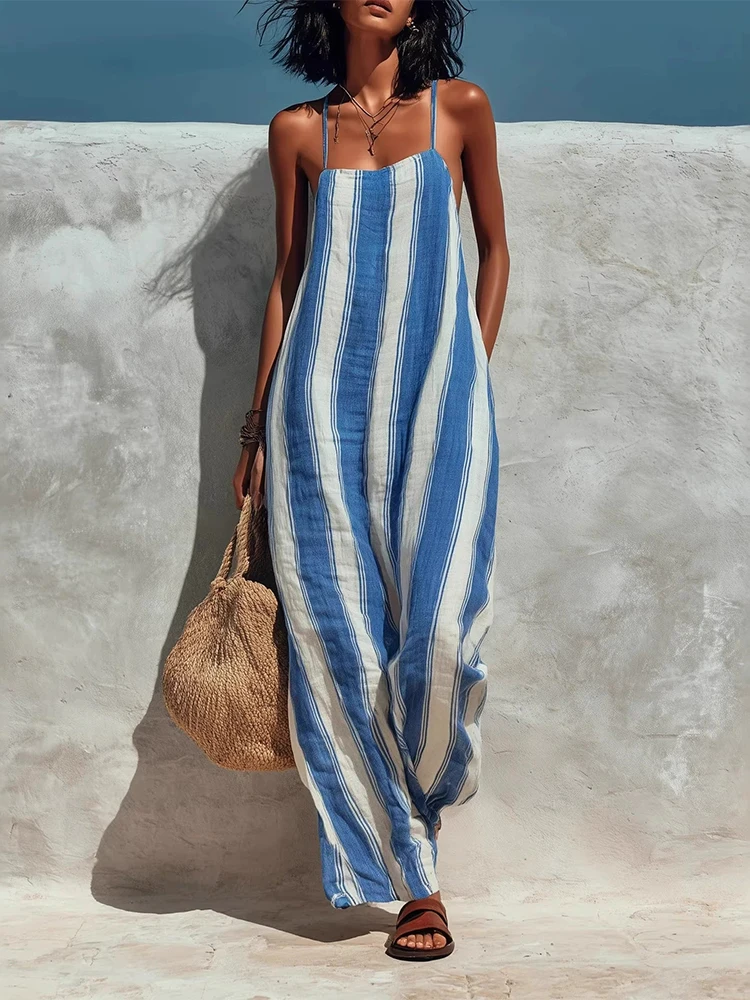 

Elegant Sleeveless Hollow Out Beach Rompers Summer New Women High Waist Wide Leg Playsuits Fashion Halter Stripe Print Jumpsuits