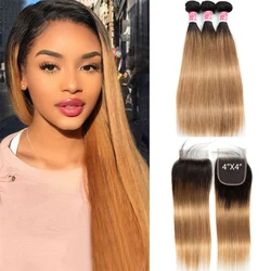 Extensions de cheveux humains vierges avec fermeture, faisceaux blonds ombrés, tissage brésilien droit, richesse, couleur rouge, 1B, 27, 30, 99J