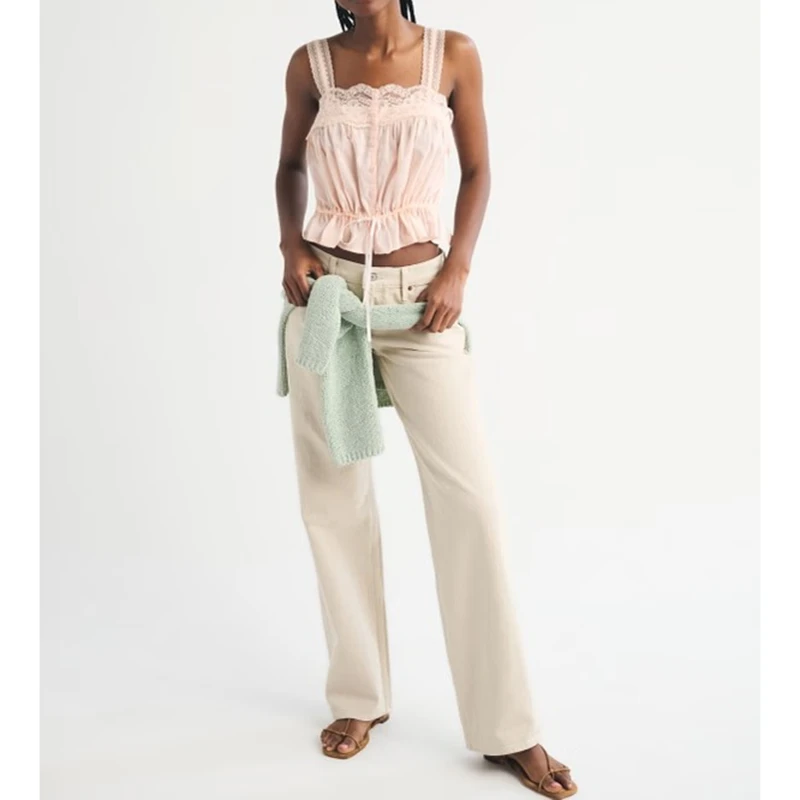 Women Lace Trim Vest Tank Top Y2k Eyelet Loose Button Down Camisole Boho Peplum Tie Front Sleeveless Crop Top