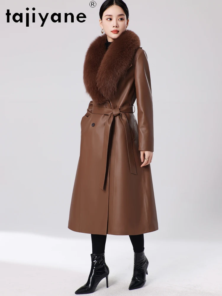 TAJIYANE جلد الغنم الحقيقي أوزة أسفل معطف المرأة طويلة ضئيلة سترات من الجلد الطبيعي مع الثعلب الفراء طوق 2025 ملابس امرأة douбlenка