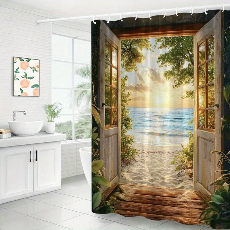 1pc Tropical Doorway to Sunset Beach Shower Curtain Vibrant Digital Art of Wooden Door Framed by Lush Greenery Opening to Tranqu