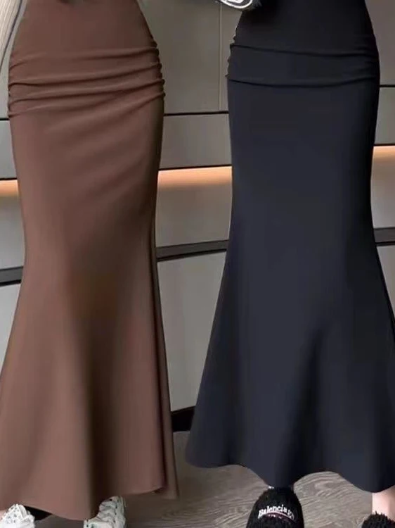 Fashionable Korean Style Pure Color Elastic Waist Tailored Skirt Autumn New Arrival Slimming A-Line Midi Skirt for plus Size ...