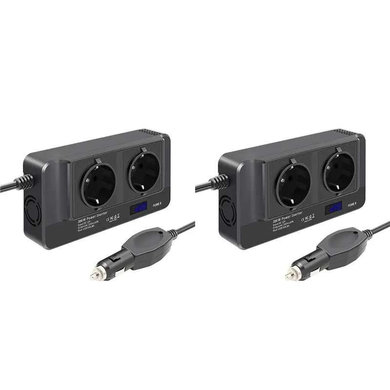 Powerful 2X 200W Inverter, Voltage Converter 12V To 220V With Smart Time Display LCD, 2 Sockets And 4 USB Car Chargers (EU Plug)