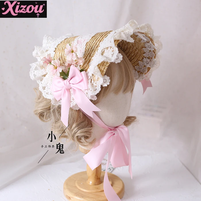 Straw Hat Flat Hats Lolita Original Handmade Gorgeous Elegant Tea Party Pastoral Hanyo Eclectic Lace Bonnet Bnt Hat for Women