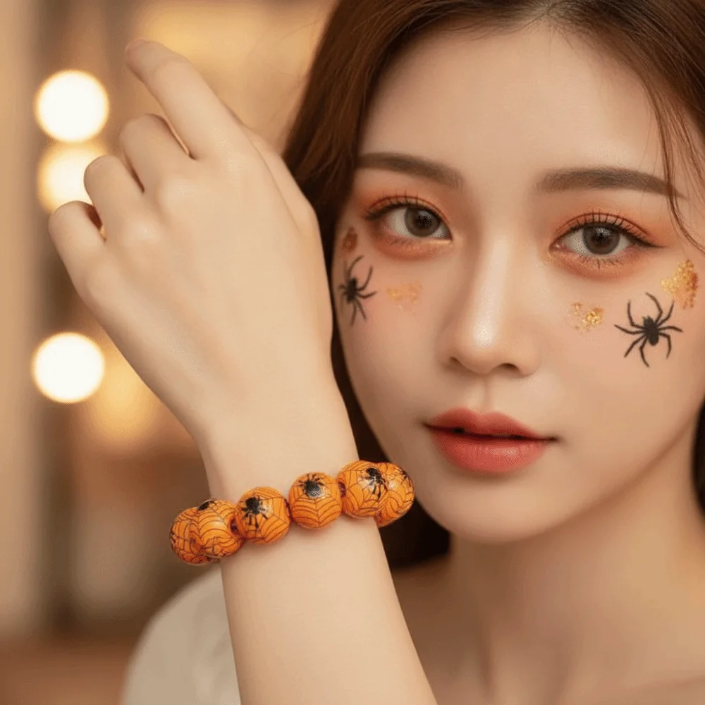 Spider Jewelry Elastic Halloween Bracelet Wooden Stretchy Pumpkin Beads Bracelet Round Orange Wood Wristband Holiday Gift view 4