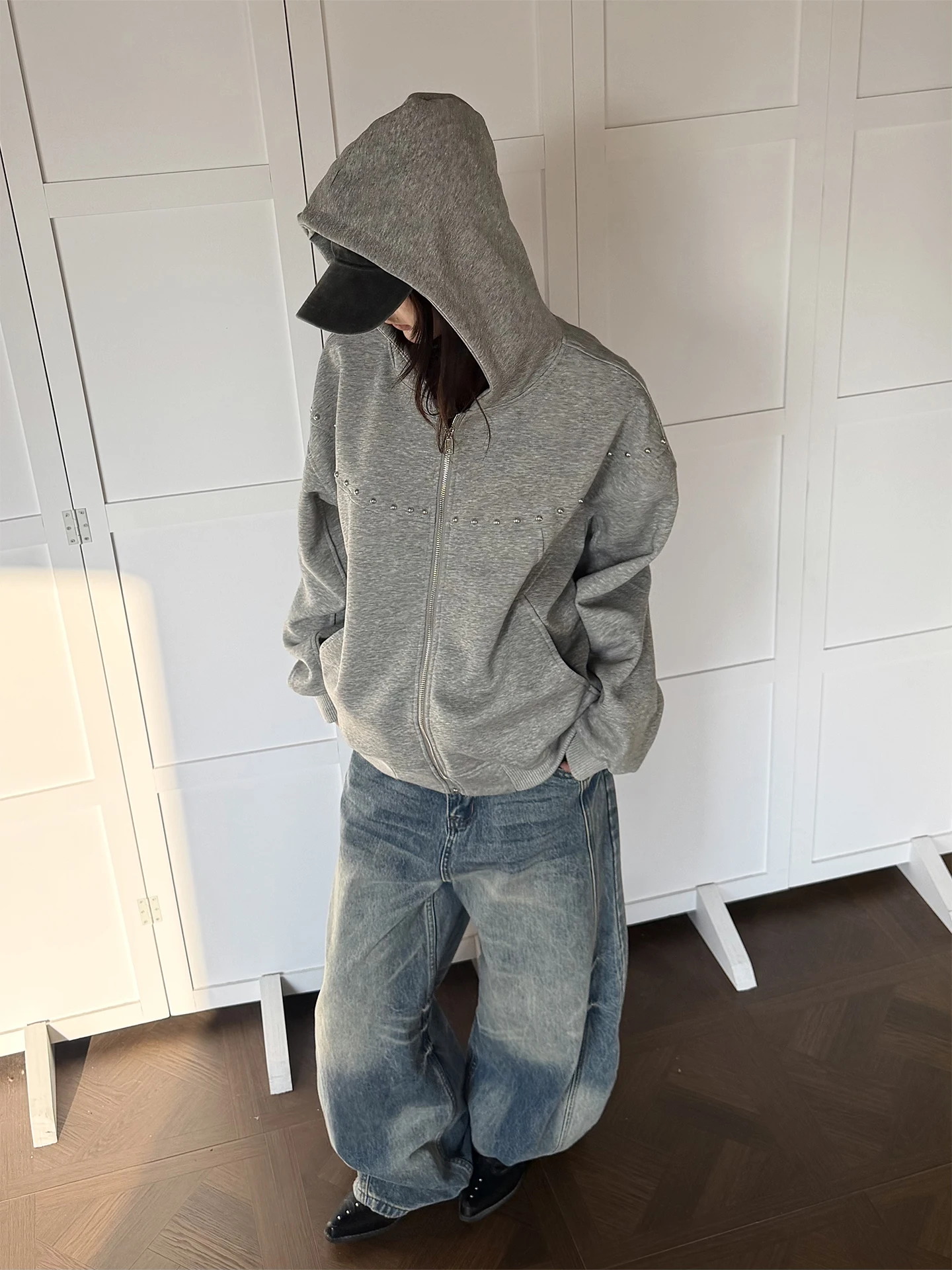 

Винтажный кардиган-худи Don Cry в американском стиле, свободный крой, удлиненный рукав, на молнии, из смесового хлопка и полиэстера