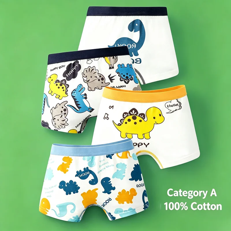 Boys Underpants Cotton Boxer Briefs 4Pcs Multiple Dinosaur Prints A-Class Soft Breathable Kids Clothing Children Underwear