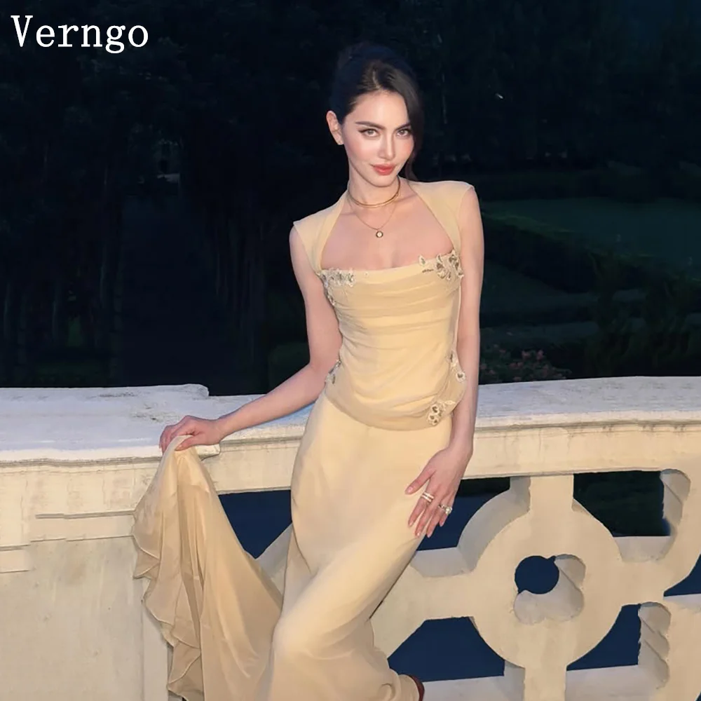 Verngo Light Yellow Tulle Evening Dress Square Collar Mermaid Formal Occasion Dress Appliques Prom Party Dress Customizd