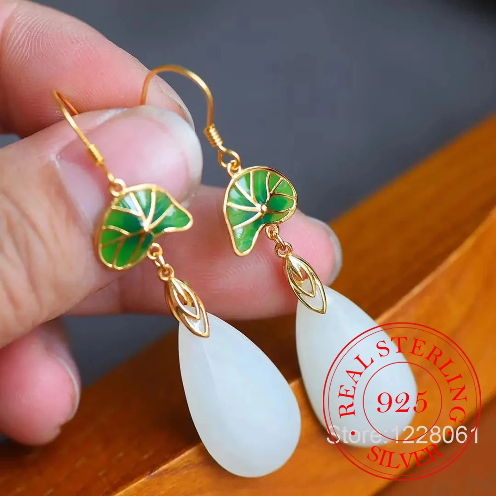 

925 Sterling Silver Jewelry Natural Jade Waterdrop Lotus Leaf Tassel Drop Earrings for Women Wedding Party Jewelry Friend Gift