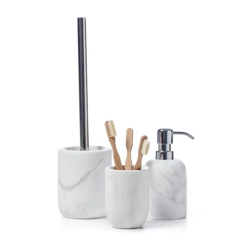 Modern White Marble Bathroom Accessories Set 3 Piece Soap Dispenser Toothbrush Holder Natural Stone Eco Friendly Home Hotel