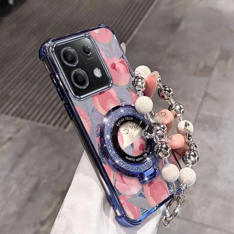 

Note 13Pro Pink tulip Plating Bracelet Holder Phone Case For Xiaomi Redmi Note 12 14 13R 14Pro 12Pro 14S 13 14ProPlus Cover