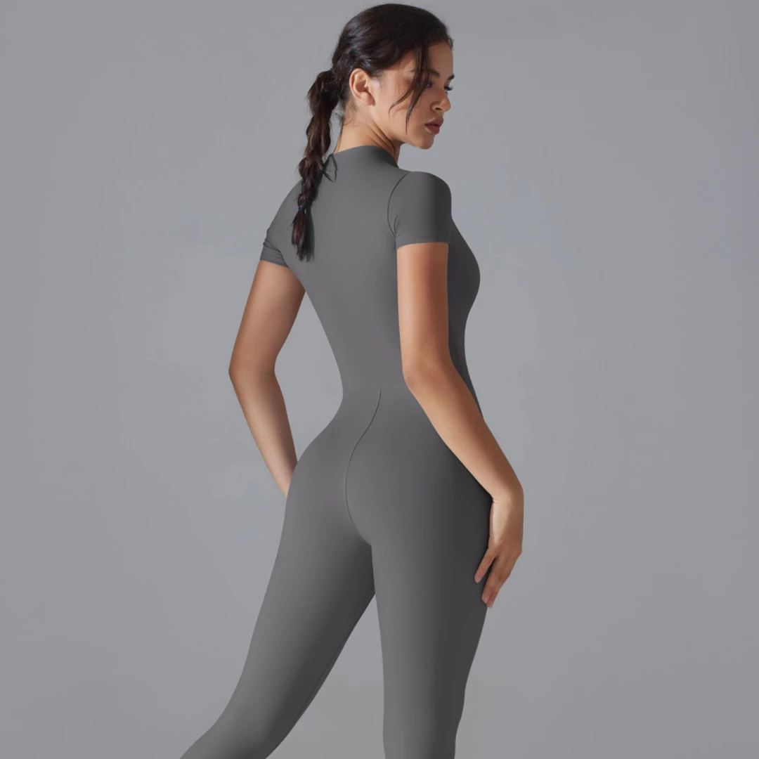 Half Zip Jumpsuit Women Gym Bodysuit Short Sleeve Activewear Set Running Workout Romper Fitness Overalls Sportswear Yoga Clothes