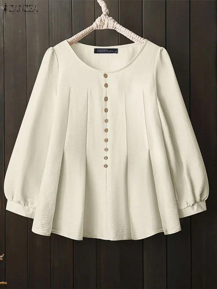 

ZANZEA Long Sleeve Blouse Women O Neck Autumn Pleated Tops 2025 Fashion Buttons Elegant Tunic Solid Casual Loose Pullovers