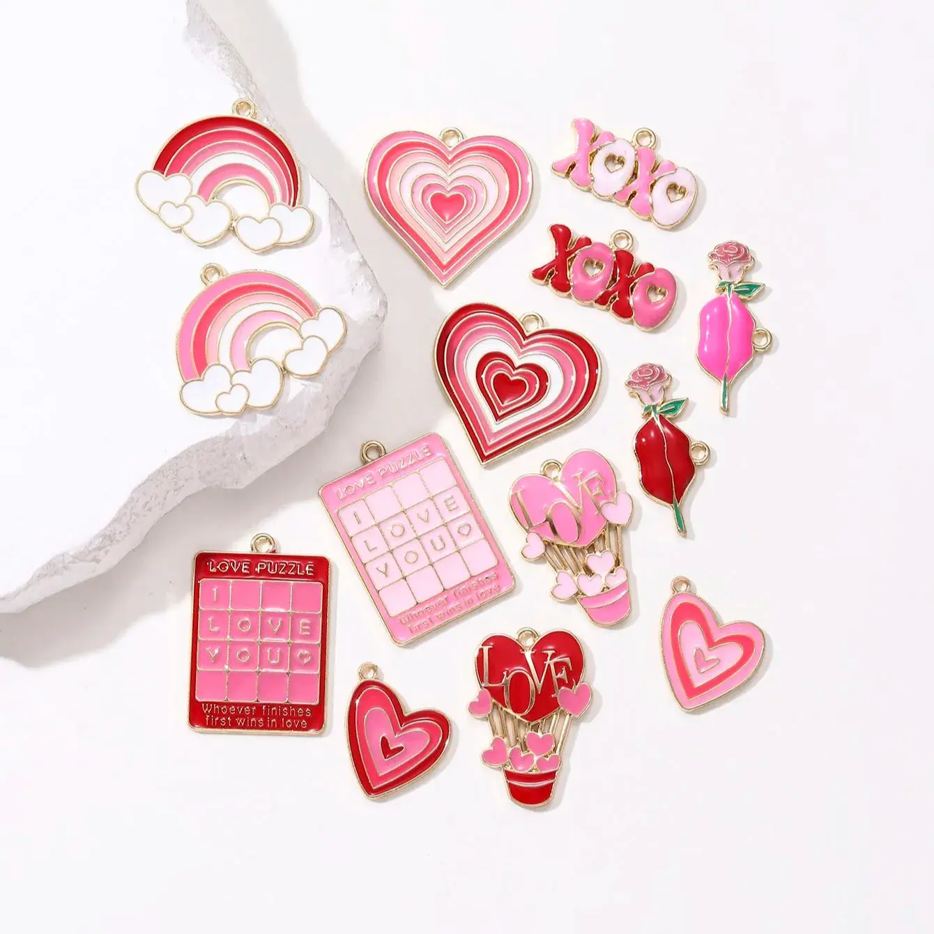 5pcs Pretty Heart XOXO Rose Flower Rainbow Calendar Enamel Charms Cartoon Love Pendants For DIY Valentine's Day Gift Making
