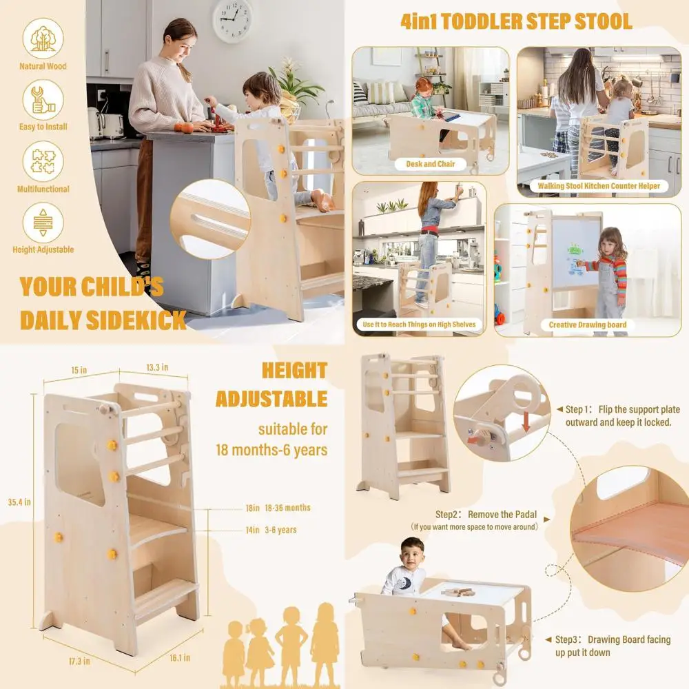 4-in-1 Adjustable Toddler Kitchen Helper with Whiteboard, Step Stool, Table, and Chair