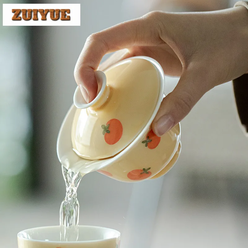130ml Hand-painted Persimmon Apricot Yellow Gaiwan Aesthetic Tea Tureen Tea Bowl With Lid Kit Tea Maker Cover Bowl Craft Gift